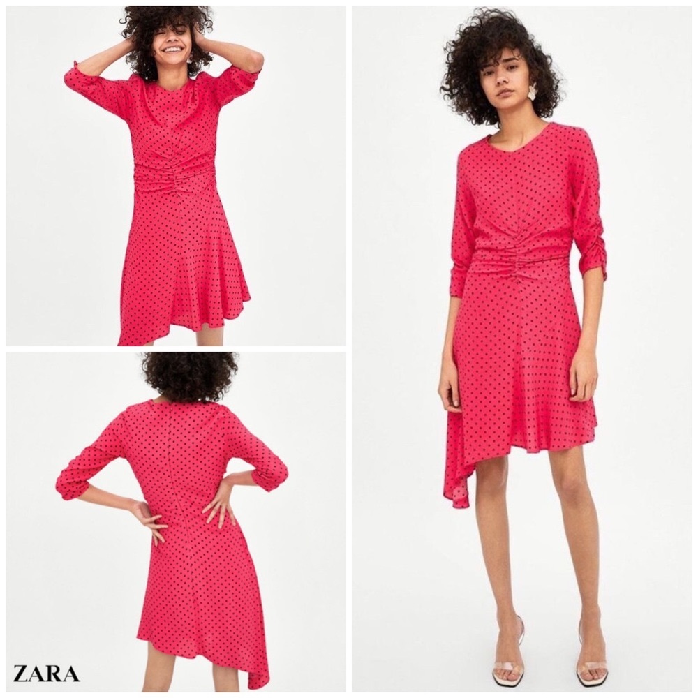 Zara Fuchsia Polka Dot Asymmetrical Dress M - NWOT